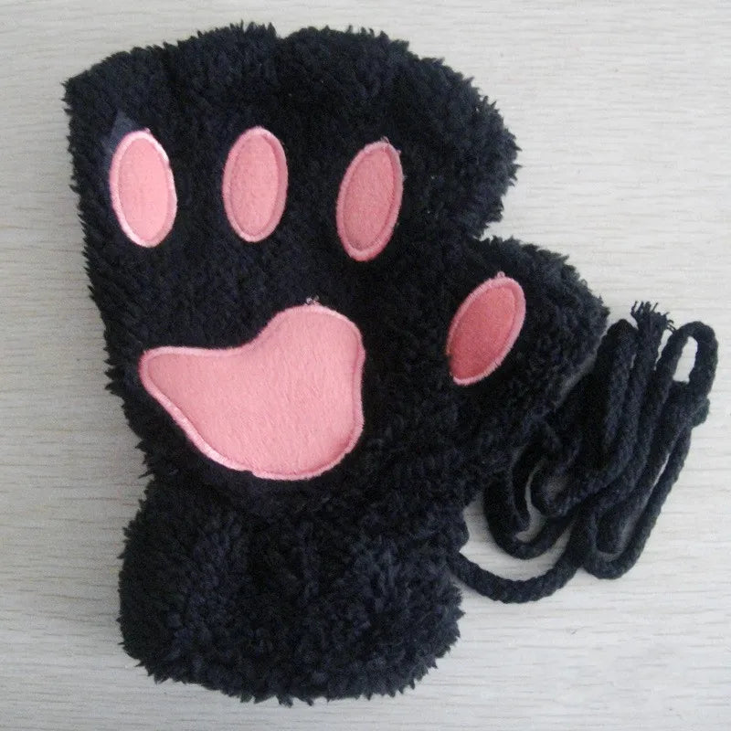 Cute Cat Paw Fingerless Plush Gloves - Warm & Fluffy