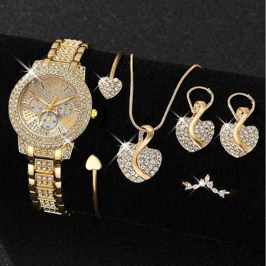 Coffret montre à quartz en or pour femme - Montre-bracelet en strass avec collier, bague et boucles d'oreilles assortis