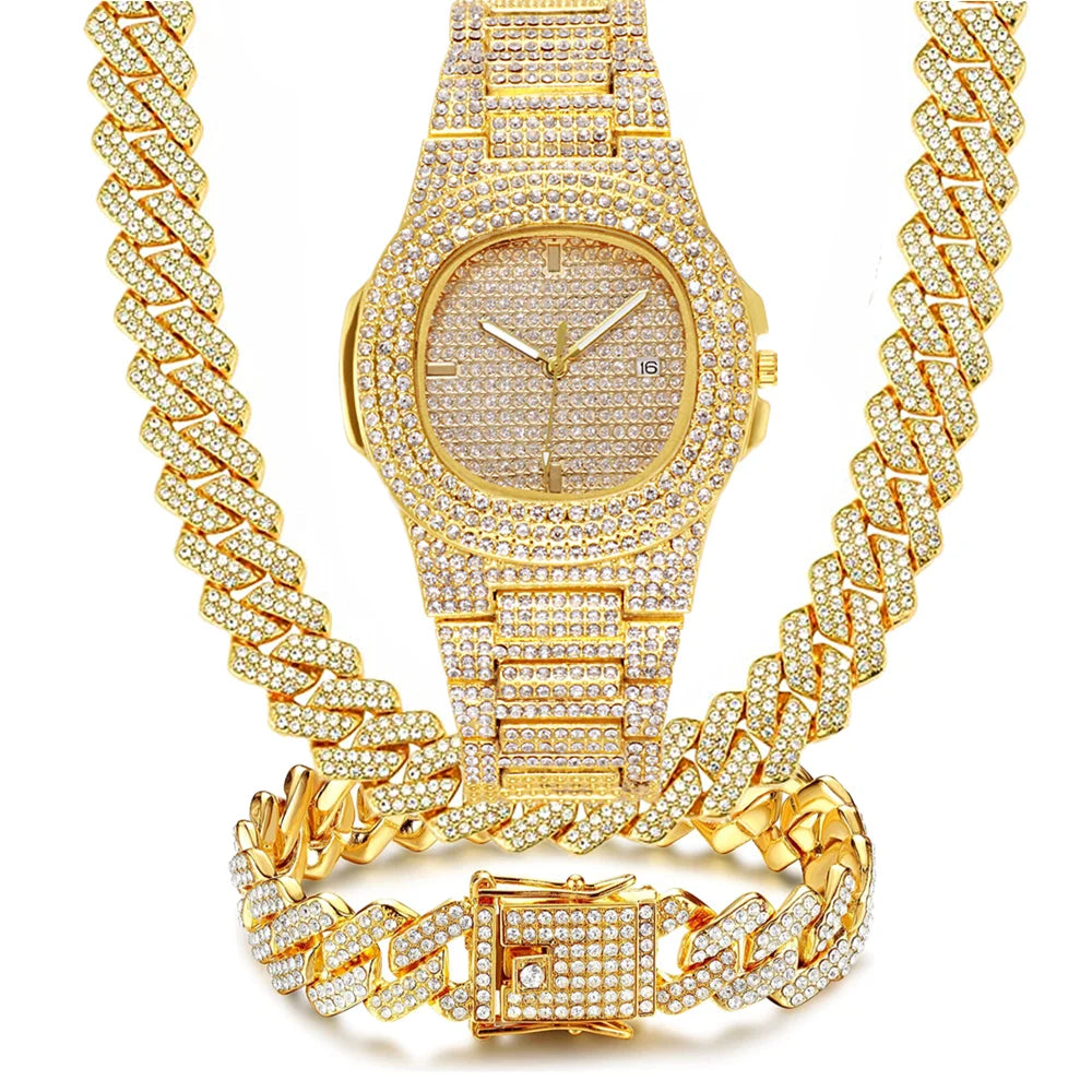 Luxury Iced Out Watch & Bling Jewelry Set