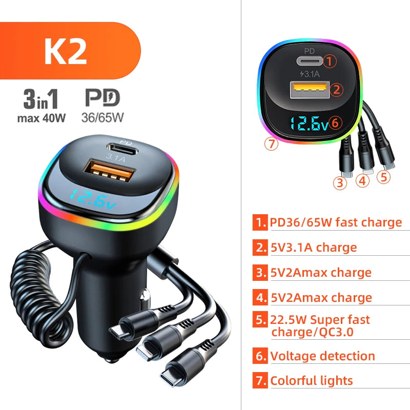 65W USB Type C Car Charger with QC4.0/QC3.0, FCP/AFC/3-in-1 Cable