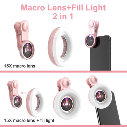 Mobiles Objektiv - 15-faches Makroobjektiv mit LED-Ring-Blitzlicht - 2-in-1-HD-Kameraobjektiv für Smartphone-Selfie-Live-Lampen-Fülllicht