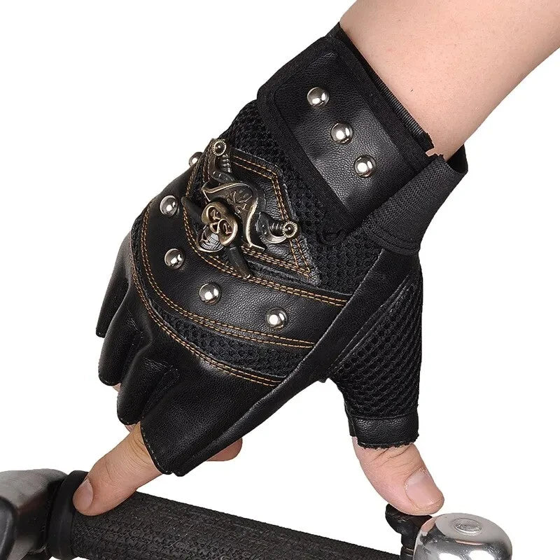 Skull Rivet Fingerless Gloves - PU Leather Moto Style