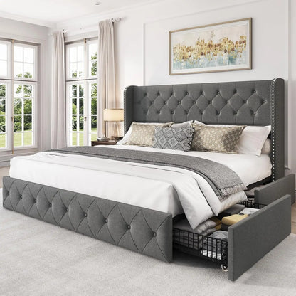 Queen Bed Frame with 4 Storage Drawers and Adjustable Headboard Upholstered Platform Bed