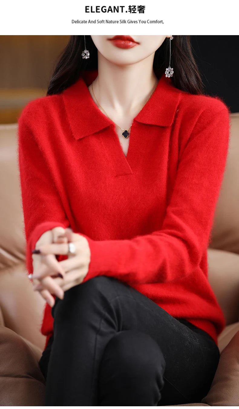 Pulls polo tricotés à manches longues en pur vison et cachemire pour femmes