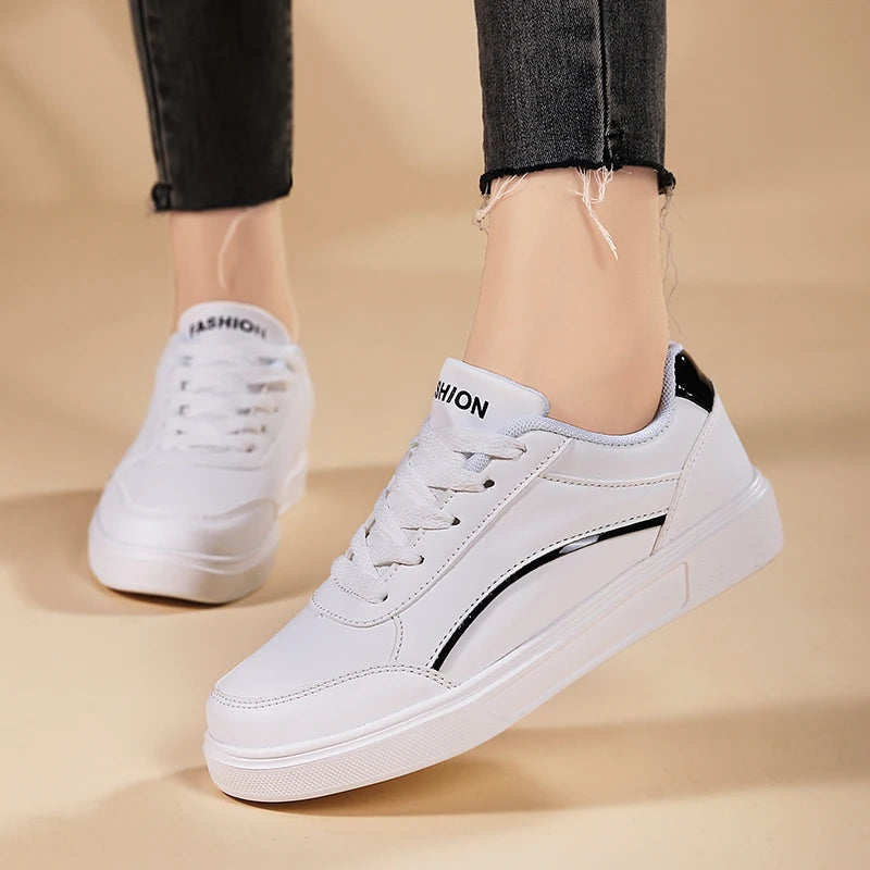 Women's White Thick Sole Faux Leather Sneakers