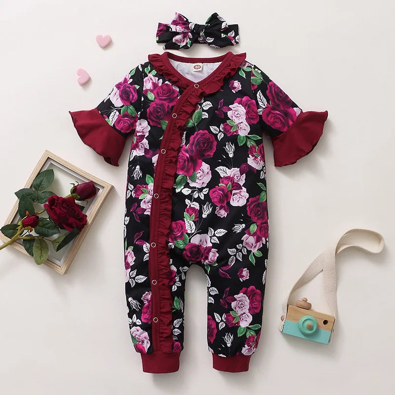 Baby Girls Rose Floral Ruffle Short Sleeve Jumpsuit + Headband