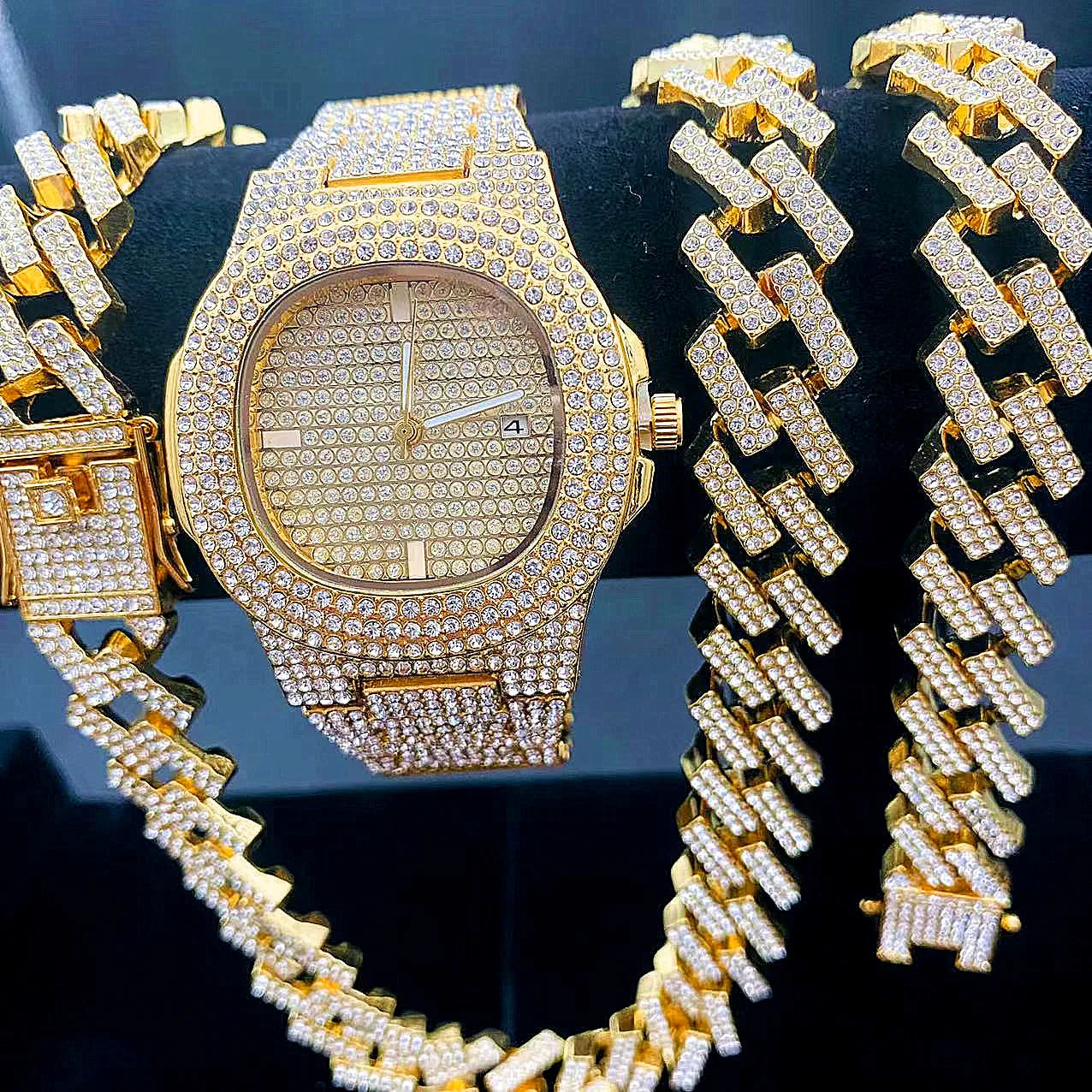 Luxury Iced Out Watch & Bling Jewelry Set