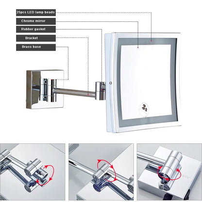 Miroir de maquillage extensible à LED en laiton