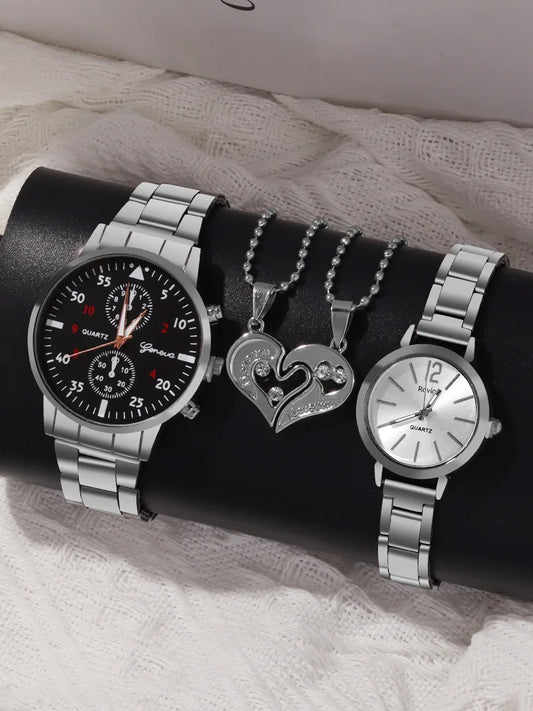 Montre à quartz polyvalente pour couple avec bracelet en acier et collier pour couple 4 pièces