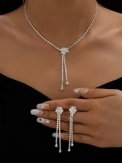 3pcs simple  rhinestone necklace earrings jewelry set for women