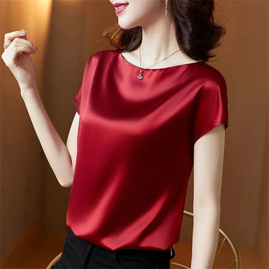 Short Sleeve O-Neck Satin Blouse for Office Ladies