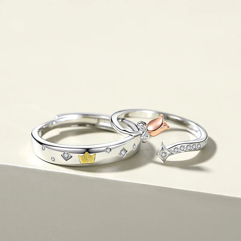 Silver Zircon Rose Little Prince Couple Rings