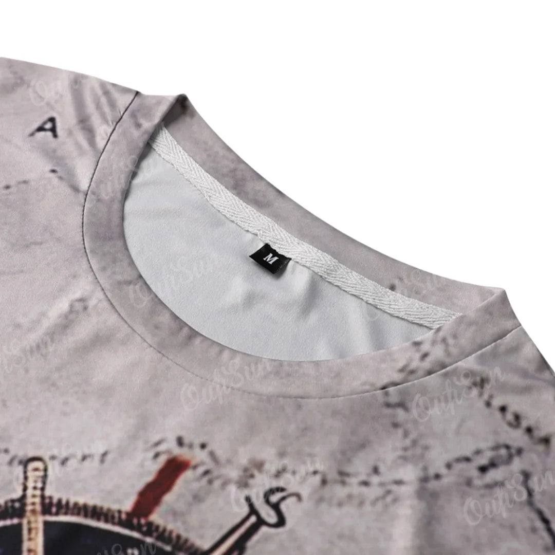 Loses Herren-T-Shirt mit Seekarten- und Kompass-Aufdruck