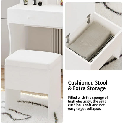 Schreibtisch mit LED-beleuchtetem Spiegel, Steckdose und 4 Schubladen, Schminktisch-Set mit Aufbewahrungshocker und Haartrocknerständer, weiß