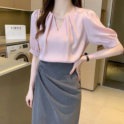 Solid Pearl Short Sleeve O-Neck Women's Blouses