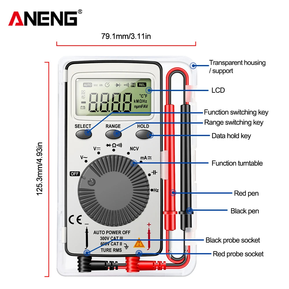 Mini multimètre numérique AN101 - Testeur de capacité AC/DC T-RMS