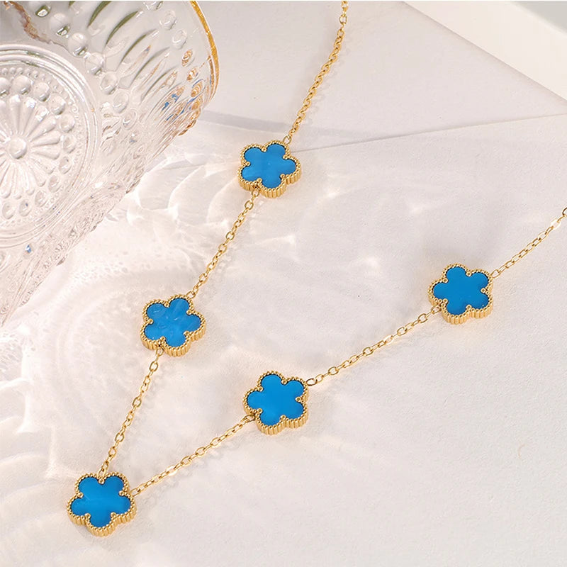 Collier Fleur Plaqué Or 14K - Pendentif Trèfle Double Face