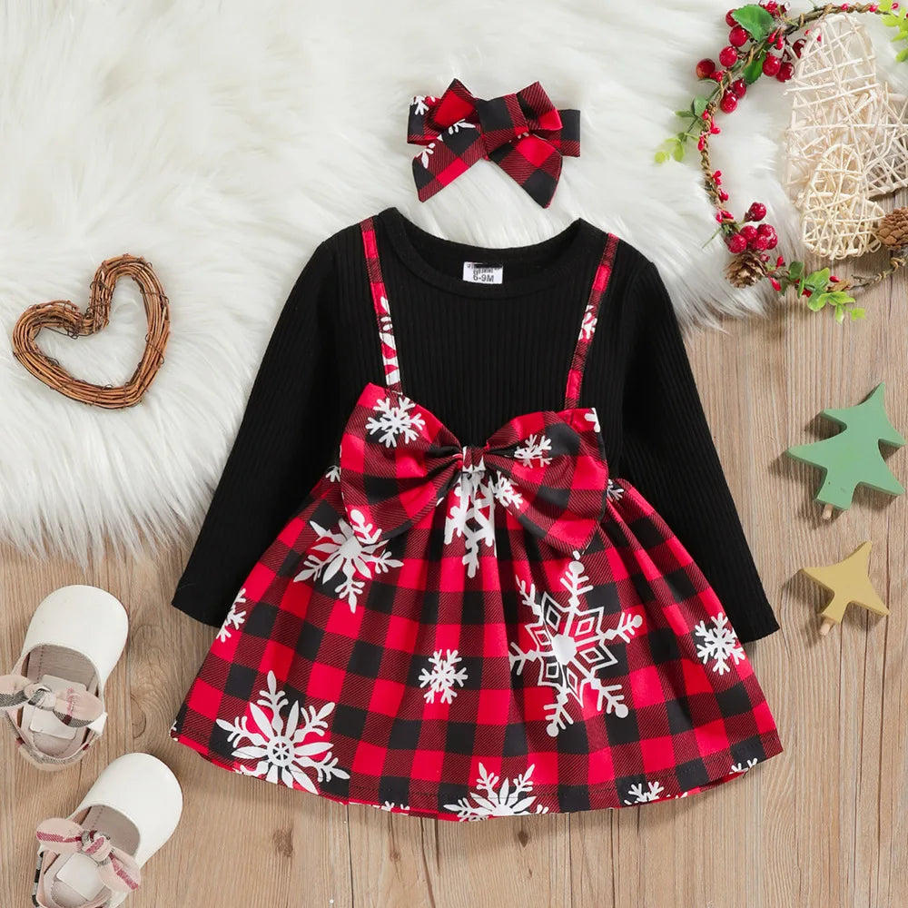 Snowflake Print Two-Piece Bow Baby Girl Dress