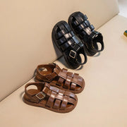 Simple British Style Black Versatile Hollow Out Boys and Girls Young Children Roman Shoes Non-slip Kids Fashion
