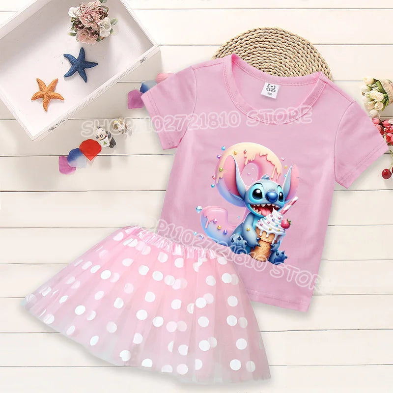 Kid's 2 Pcs Cartoon Number Print Round Neck T-shirt Dress