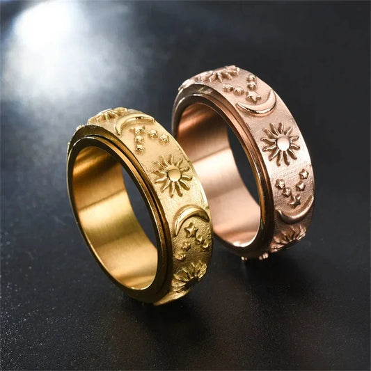 Women's Stainless Steel Rotate Freely Moon Star Ring