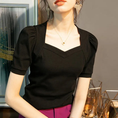 Slim Puff Sleeve Blouse with Square Collar