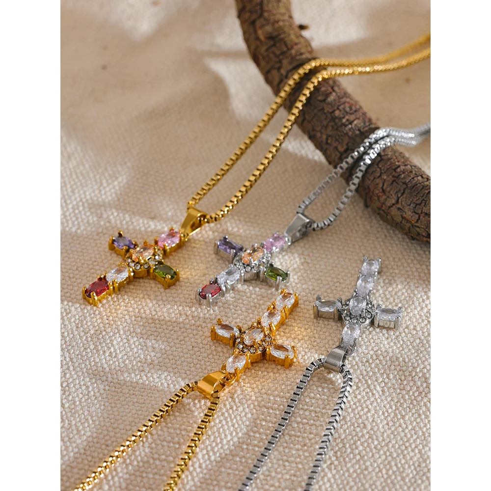 Colorful Cubic Zirconia Cross Pendant Necklace