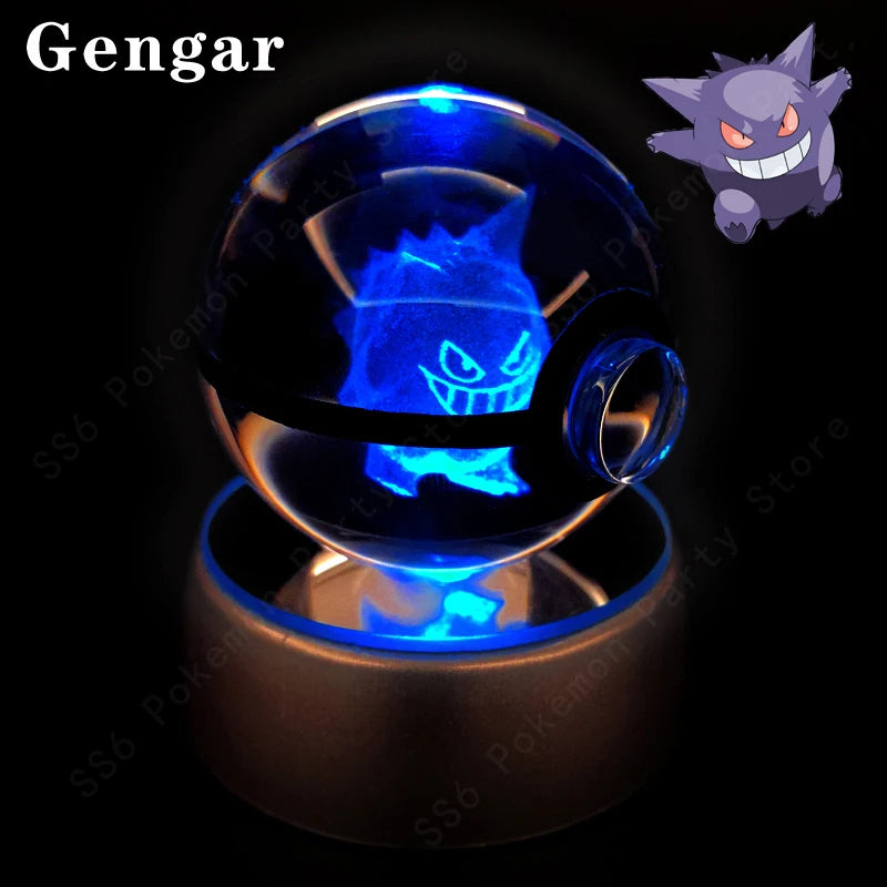 Pokemon Crystal Ball Night Light 3D Pikachu Gengar Mew Mewtwo Lamp Base Pokeball Glass Ball Figure