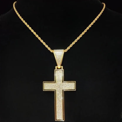 Collier pendentif croix brillante pour hommes et femmes avec chaîne cubaine