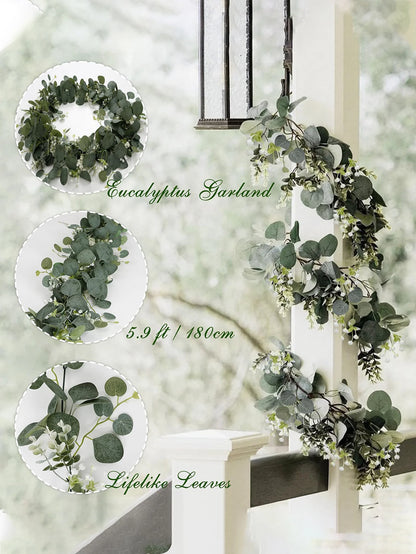 1pc Artificial Eucalyptus Garland with White Flowers & Berries