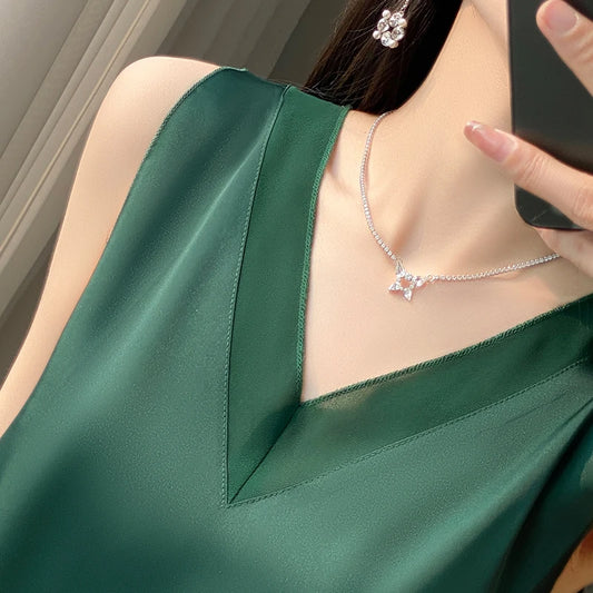 Women's Sleeveless Summer White Silk Tunic Blouse