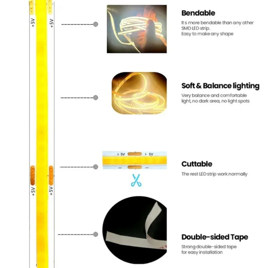 Bande lumineuse LED USB haute densité avec options multicolores