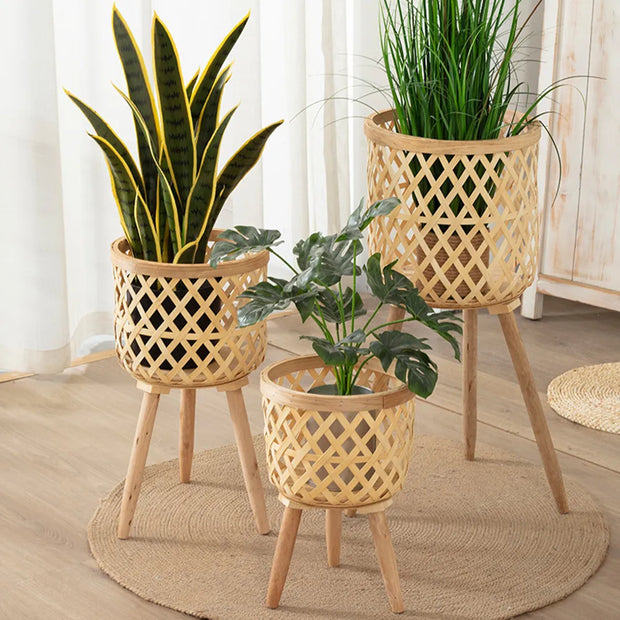 Bamboo Plant Stand with Handwoven Flower Pot