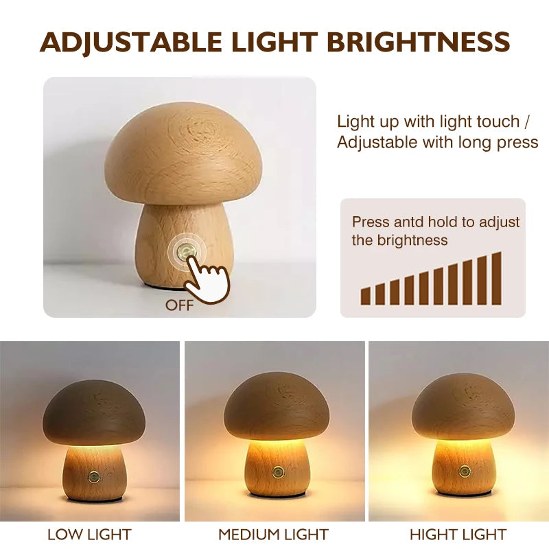 Veilleuse champignon en bois - Lampe de bureau à intensité variable avec interrupteur tactile