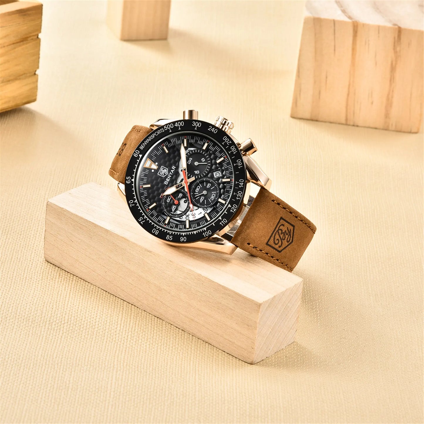 Montre de luxe Chrono en cuir pour hommes