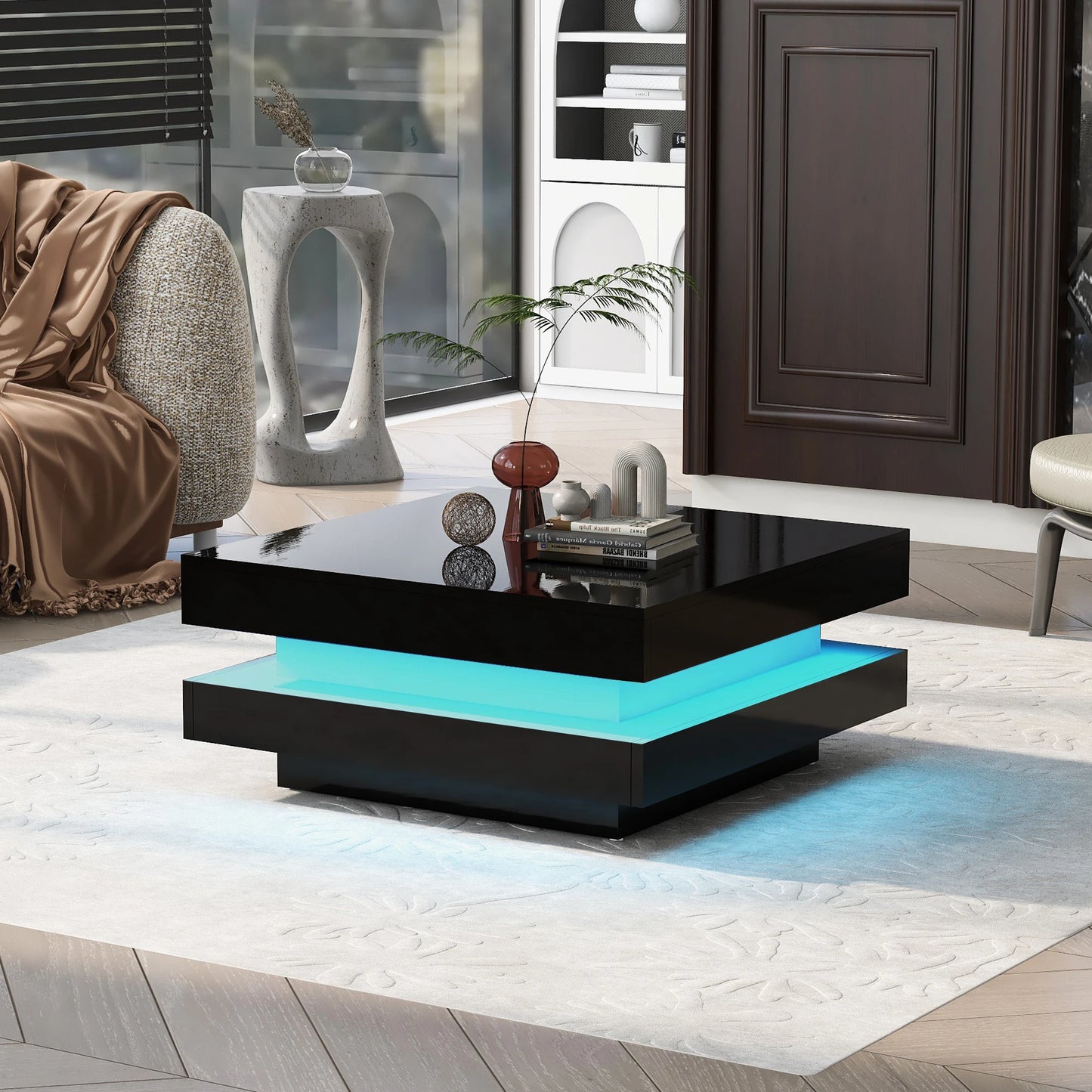 Coffee Table with Detachable Tray and Plug-in 16-color LED