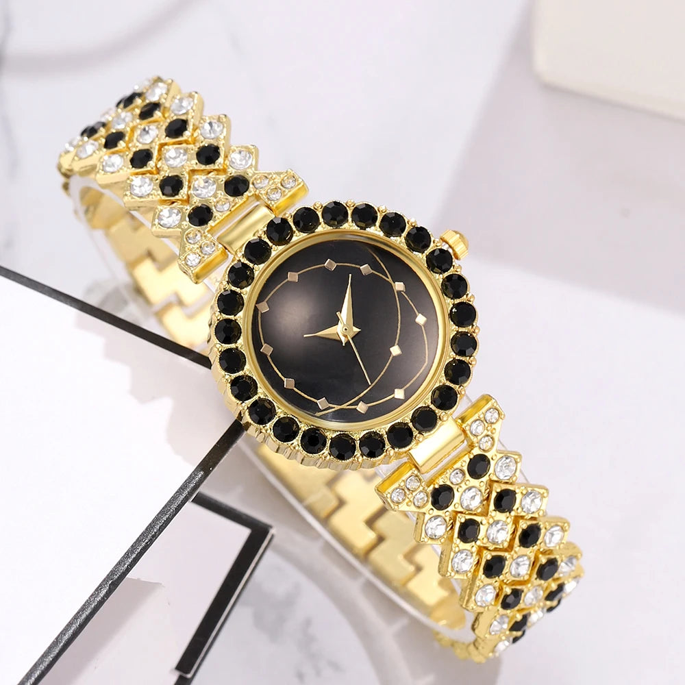 Ensemble de bijoux pour femmes, montres en acier inoxydable avec bracelet doré et strass