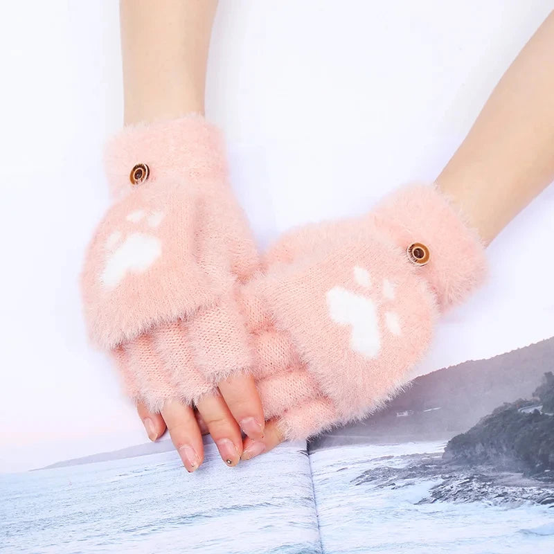 Mitaines en peluche pour femmes - Gants demi-doigts en fourrure de lapin épaisse