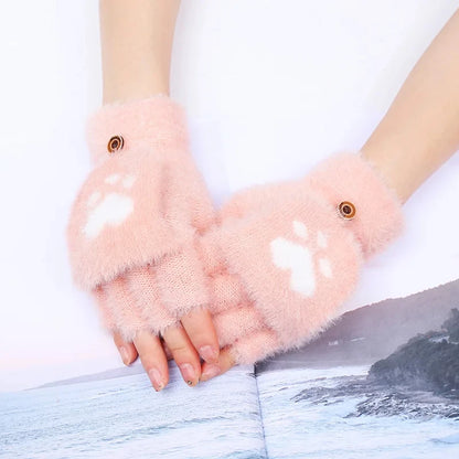 Mitaines en peluche pour femmes - Gants demi-doigts en fourrure de lapin épaisse