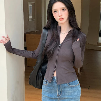 Pull tricoté à manches longues et double fermeture éclair avec col en cuir pour femme 