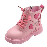 British PU Cool Girls Autumn and Winter Casual Cotton Boots Soft Pink with Love Side Zip Princess Kids Fashion Girls Ankle Boots