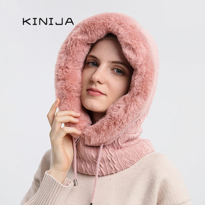 Women's Winter Fur Cap & Mask Set - Knitted Cashmere Balaclava