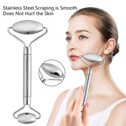 Stainless Steel Facial Roller & Gua Sha Set - Anti-Wrinkle Cooling Massage Tools