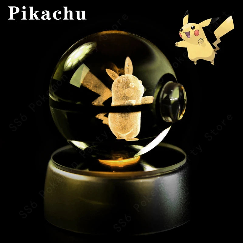 Pokemon Crystal Ball Night Light 3D Pikachu Gengar Mew Mewtwo Lamp Base Pokeball Glass Ball Figure