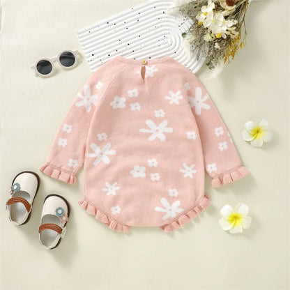 Knitted Infant Girl Bodysuits Floral Winter Playsuits