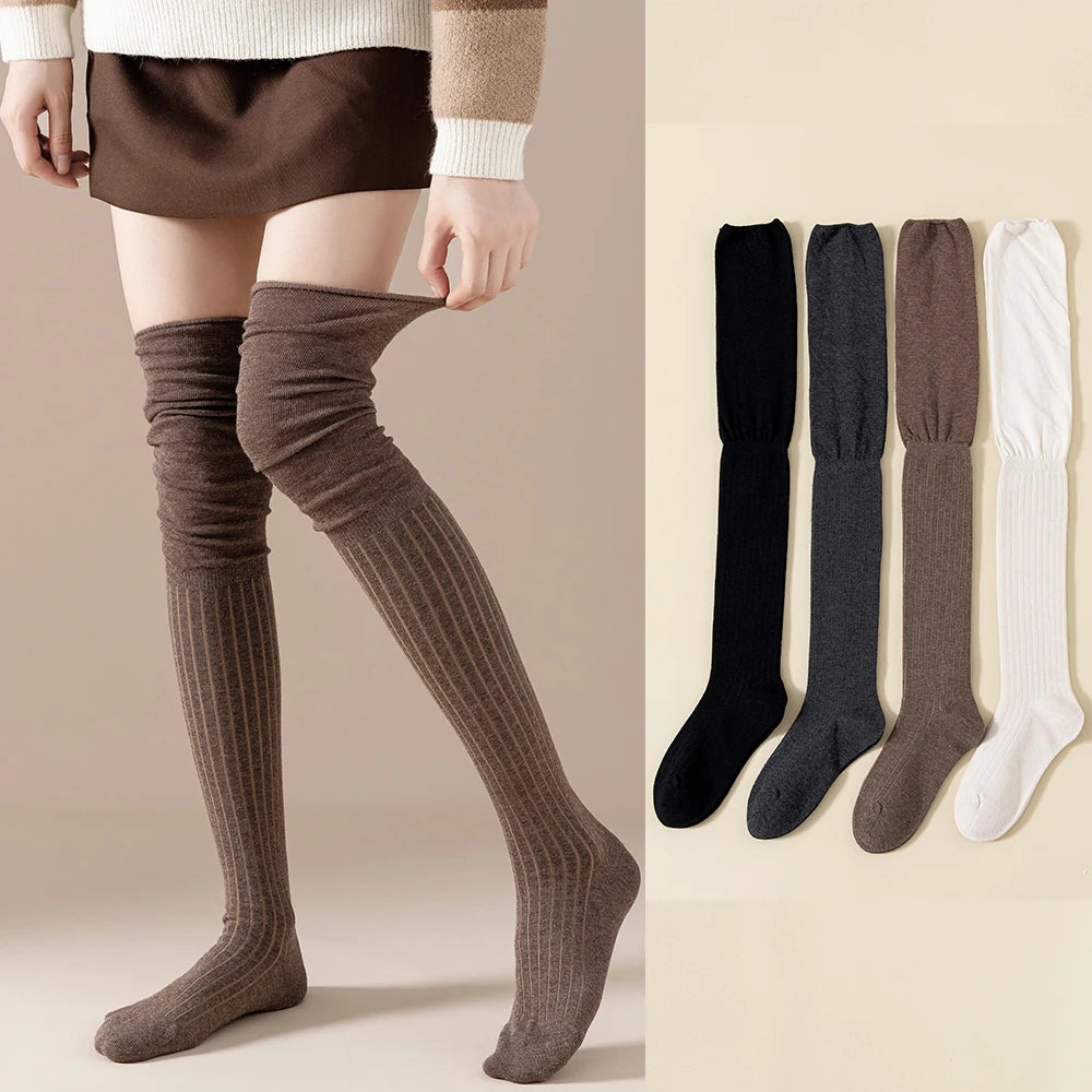 Solid Color Cotton Knee-High Thigh Socks