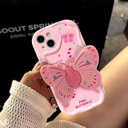 Pink Butterfly Holder Case for iPhone - Stand & Silicone Cover