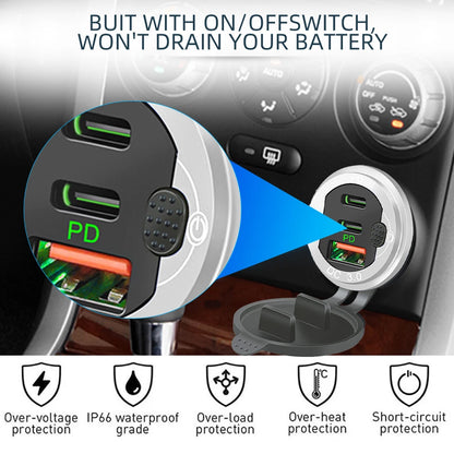 115W Car Charger with QC3.0, PD, Voltmeter, USB Ports