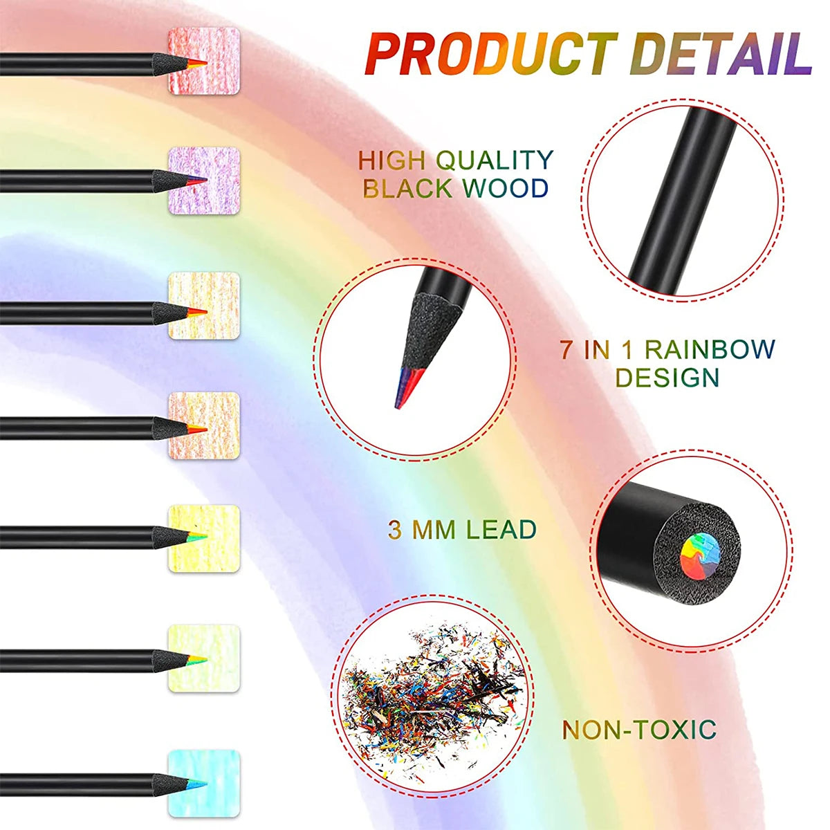 7-in-1 Rainbow Colored Black Wood Pencils