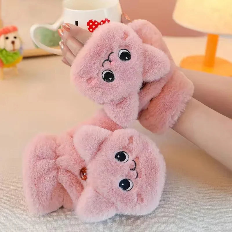 Mitaines en peluche pour femmes - Gants demi-doigts en fourrure de lapin épaisse